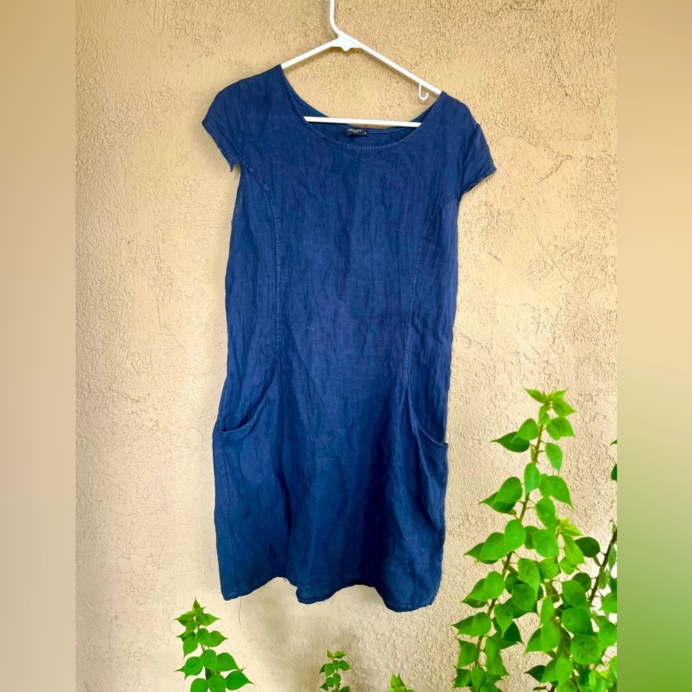5/$7 LUNGO L'ARNO Linen Blue Dress with Pockets